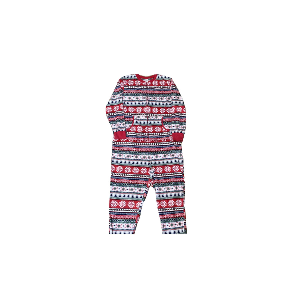 Christmas Union Suit Women XL Red Fair Isle‎ Fleece Pockets Sleeves Zip pajamas